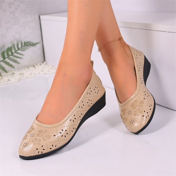 Women's Wedge Cut-Out Flats Breathable Soft Sole Slip-On Casual Summer Footwear Khaki 36