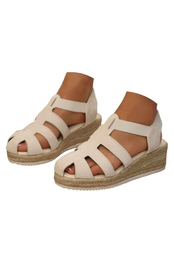 Women's Wedge Espadrilles Closed Toe Caged Platform Sandals Stretch Strap Slip on Beach Shoes Non Slip Walking Shoes Beige Size 8.5