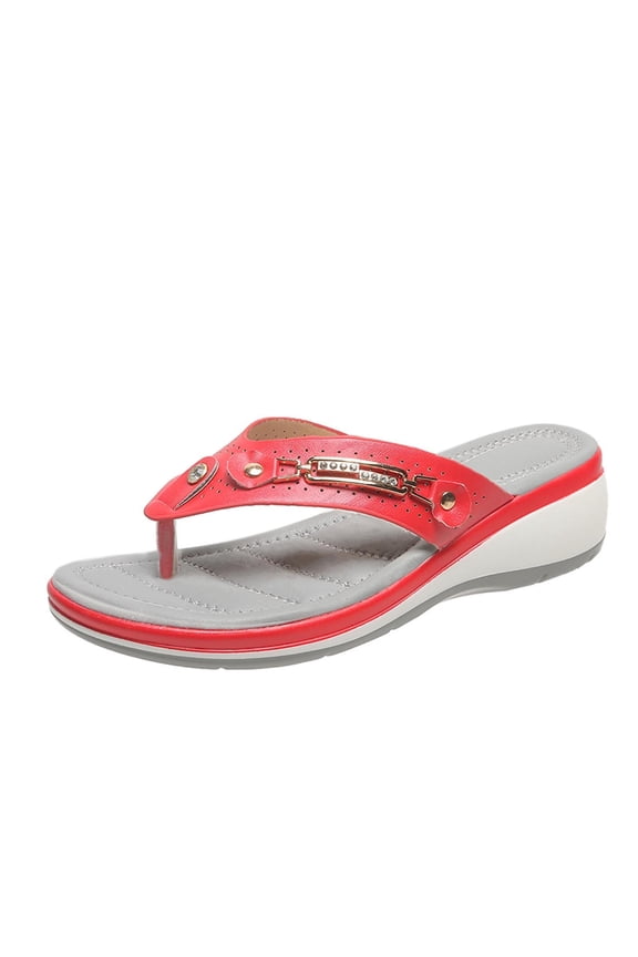 Women's Wedge Flip Flops Comfortable Summer Sandals Thong Beach Slippers Rhinestone Decor Open Toe Shoes Red 38