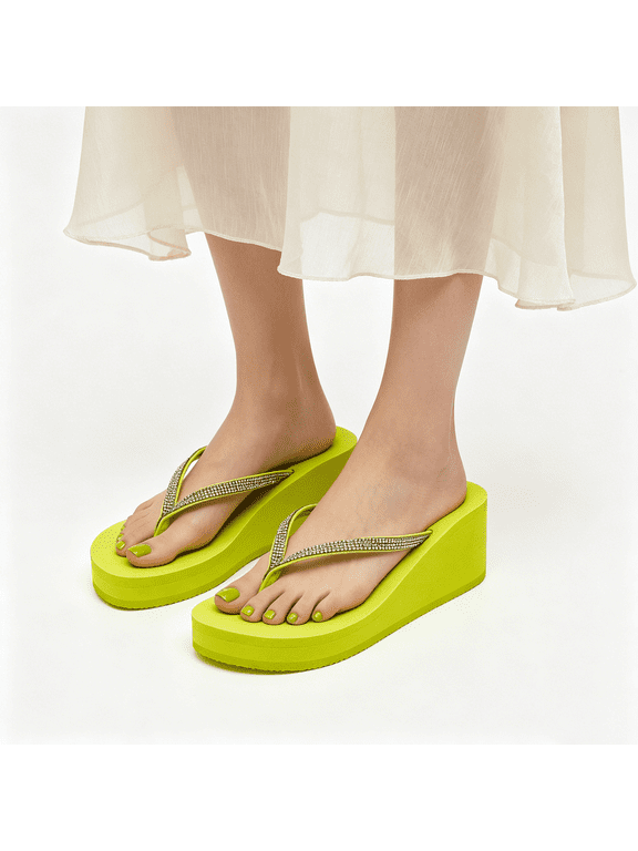 Women's Wedge Flip Flops Rhinestones Platform Thong Sandals Shining Rhinestones Wedge Sandals Casual Platform T-Strap Jewel Sandals Cushioned Slides