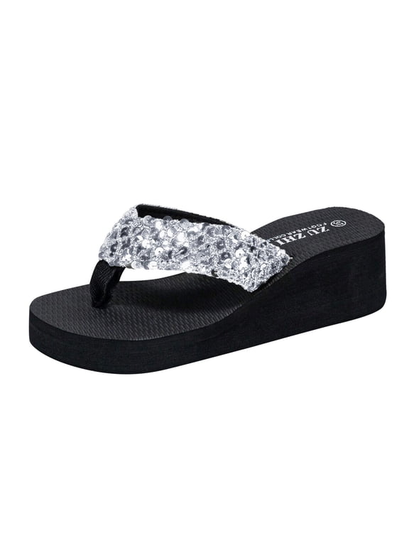 Women's Wedge Flip Flops with Arch Support Glitter Sequins Comfortable Platform Sandals Soft Sole Slip on Summer Beach Shoes Silver Size 7.5