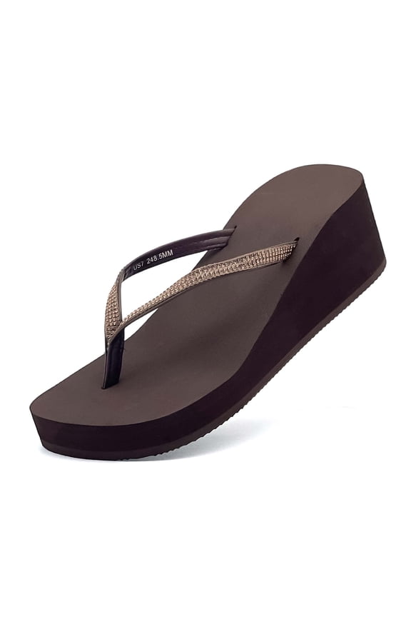 Women's Wedge Flip-Flops with Shiny Rhinestone Strap Summer Thong Sandals Comfortable Elegant & Trendy for Walking Outdoors Slides Coffee