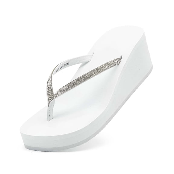 Women's Wedge Flip-Flops with Shiny Rhinestone Strap Summer Thong Sandals Comfortable Elegant & Trendy for Walking Outdoors Slides White