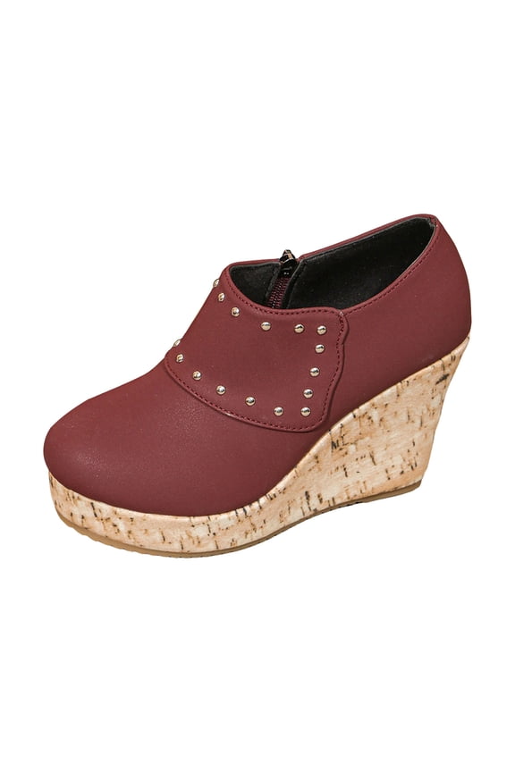 Women's Wedge Heel Platform Dress Shoes Fashion Studded Faux Leather Slip On Cork Low Top Ankle Boots Red Size 9.5