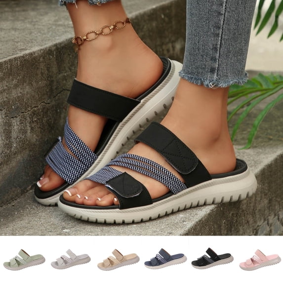 Women's Wedge Heel Slide Sandals Adjustable Hook and Loop Straps Casual Summer Platform Sandals for Women Wide Width Soft Sole