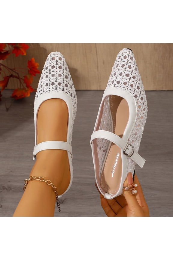 Women's Wedge Heel Woven Mule Sneakers Pointed Toe Hollow Out Backless Casual Sandals for Spring & Summer White