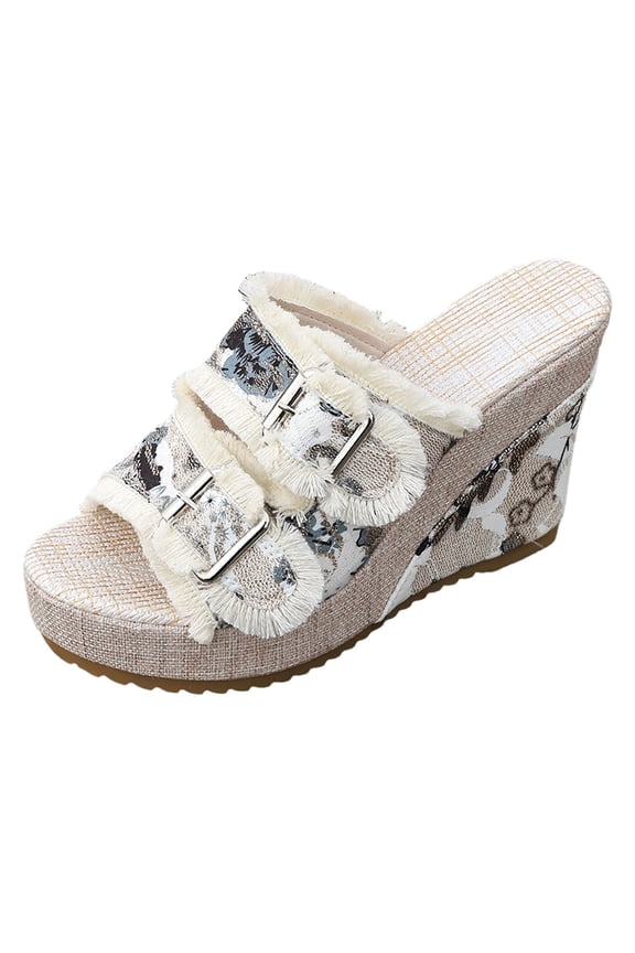 Women's Wedge Heeled Buckle Strap Lightweight Slide Sandals Leopard Print Retro Tassel Open Toe Platform Mules Blue Size 7