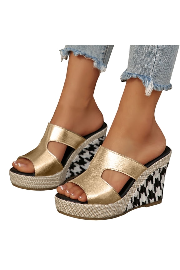 Women's Wedge Heeled Sandals Leather Upper Open Toe Platform Shoes Rope Wrapped Midsole Glitter Summer Walking Heels Gold Size 8.5