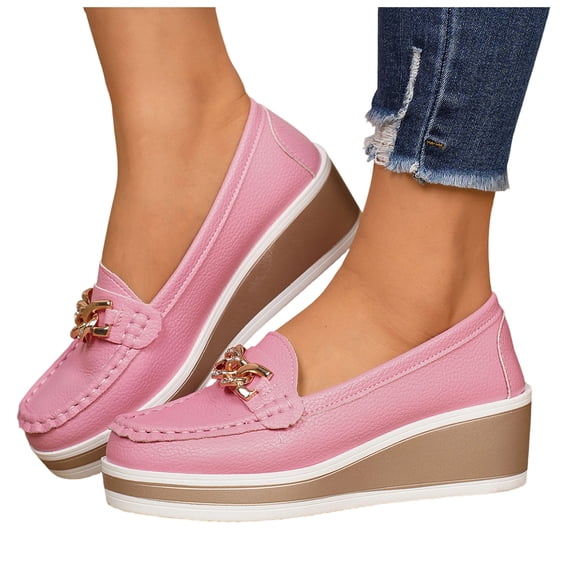 Women's Wedge Loafers Casual Comfortable Orthopedic Platform Sneakers Business Non Slip Walking Fashion Retro Slip on Work Shoes Pink Size 7