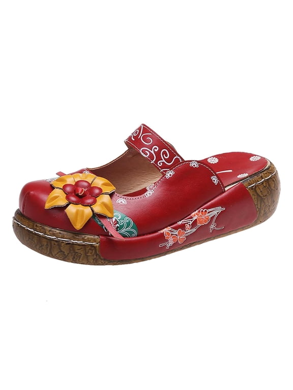 Women’s Wedge Mule Slippers Closed Toe Slip On Cut-Out Slide Sandals Anti-Slip Breathable Vintage Comfort Walking Mules Shoes Red 6