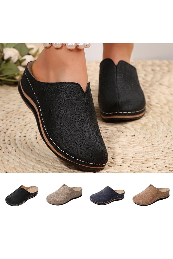 Women's Wedge Mules Casual Spring Summer Slip On Clogs with Embroidery Pattern Solid Color Breathable Fabric Closed Toe Thick Sole Sandals with Wide Width Options for Daily Walking Outdoor Use