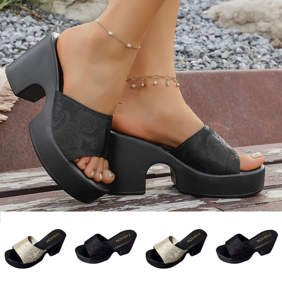 Women's Wedge Mules Open Toe Embroidery Detail Casual Spring Shoes with Chunky Platform Heel Non Slip Comfortable Trendy Sandals for Women Plus Size Available