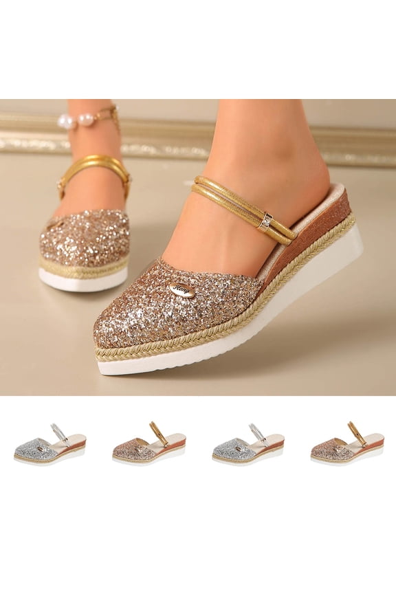 Women's Wedge Mules for Women Trendy Closed Toe Glitter Espadrille Wedge Sandals Comfortable Adjustable Ankle Strap Platform Shoes Spring Summer Fashion Plus Size Wide Width Gold Shoes for Women