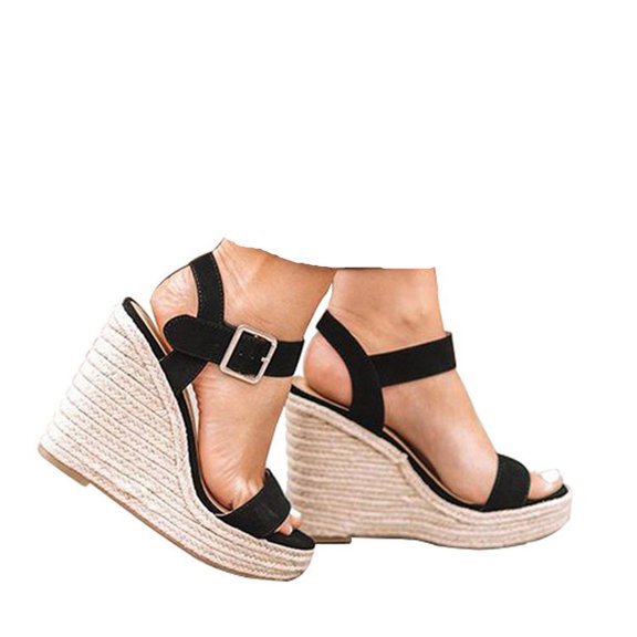 Women's Wedge Platform Black Sandals Comfort Elastic Ankle Strap Sandals Womens Open Toe Espadrilles