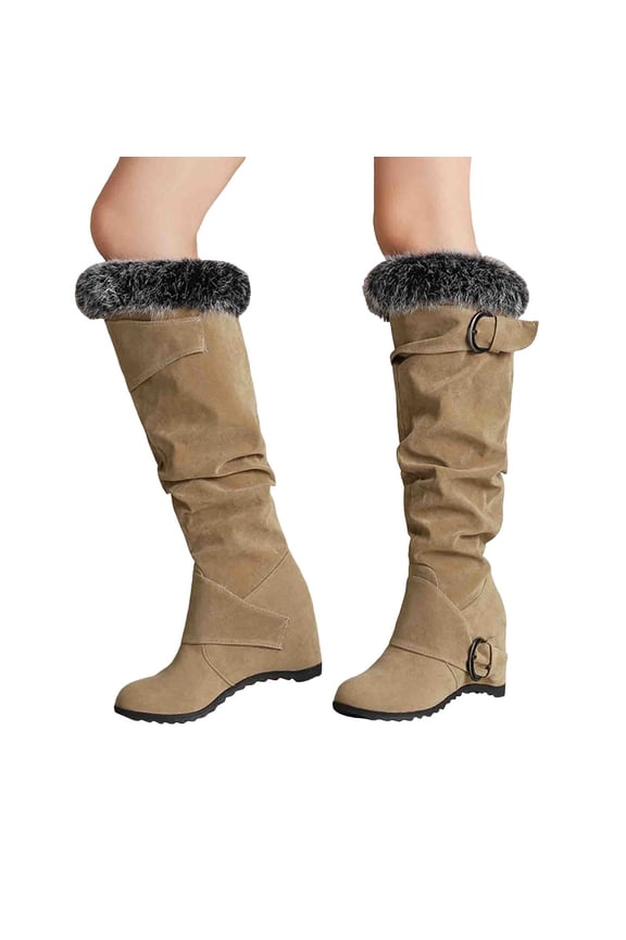 Women's Wedge Platform Fuzzy Suede Knee High Boots Comfortable Warm Pull On Slouchy Fall Booties with Arch Support Beige Size 6
