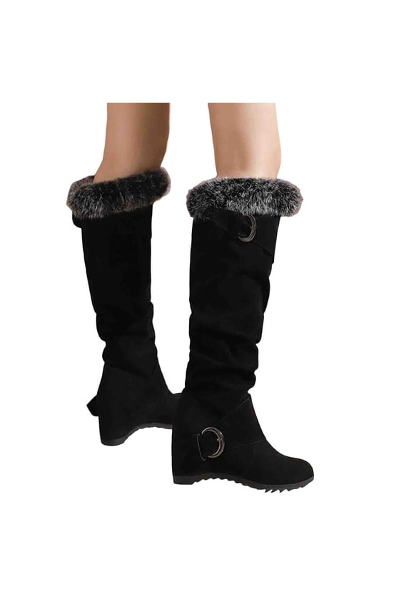 Women's Wedge Platform Fuzzy Suede Knee High Boots Comfortable Warm Pull On Slouchy Fall Booties with Arch Support Black Size 6