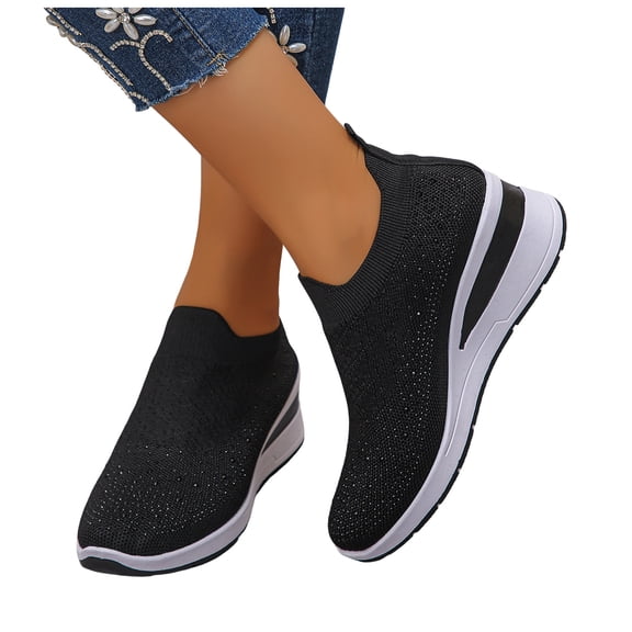 Women's Wedge Platform Knit Casual Shoes Fashion Rhinestone Breathable Slip On Sneakers Lightweight Non Slip Dress Shoes Black Size 7.5