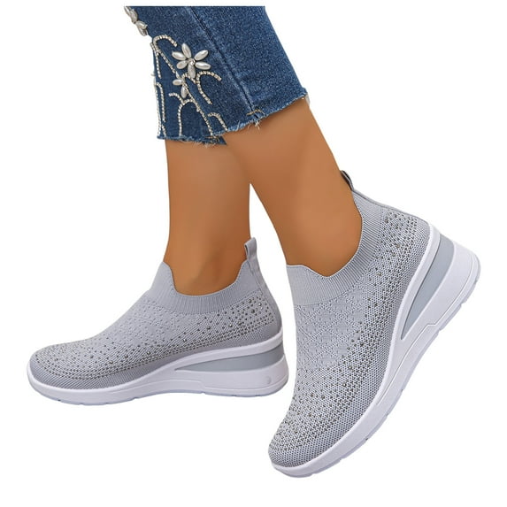 Women's Wedge Platform Knit Casual Shoes Fashion Rhinestone Breathable Slip On Sneakers Lightweight Non Slip Dress Shoes Gray Size 9