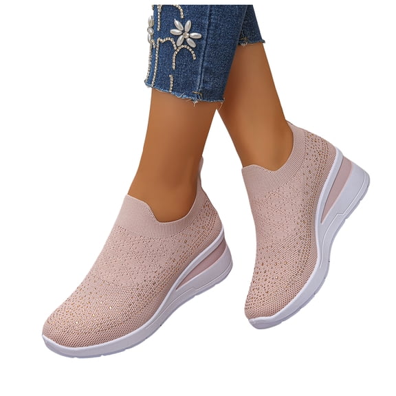 Women's Wedge Platform Knit Casual Shoes Fashion Rhinestone Breathable Slip On Sneakers Lightweight Non Slip Dress Shoes Pink Size 8.5