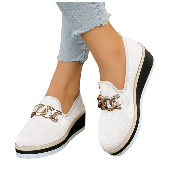 Women's Wedge Platform Loafers Casual Slip On Low Top Dress Shoes Fashion Metal Chain Lightweight Non Slip Barefoot Shoes White Size 7
