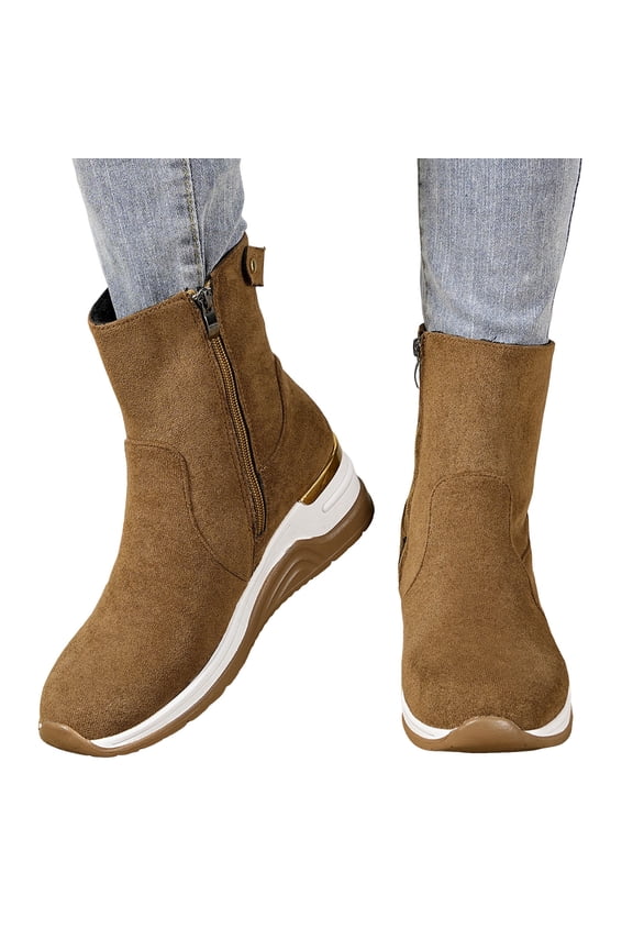 Women's Wedge Platform Mid Calf Boots Slip On Breathable Suede Ankle Fall Booties Non Slip High Top Casual Dress Shoes Brown Size 6.5