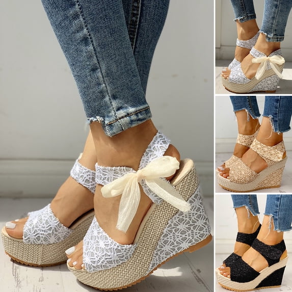 Women's Wedge Platform Sandals Open Toe Espadrilles Dressy Slip on Adjuctable Ankle Strap Casual Heels Comfortable Walking Shoes Black Size 8