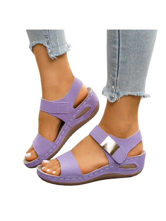 Women's Wedge Platform Sandals Wide Width Open Toe Slip on Ankle Strap Fashionable Bohemian Non Slip Comfortable Summer Shoes Purple Size 7.5