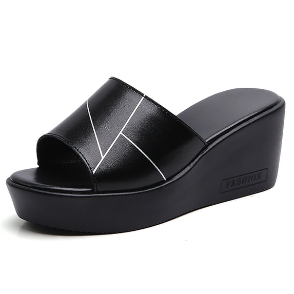 Women's Wedge Platform Slide Sandals Geometric Stitch Leather Slip On Shoes for Daily Outdoor Wear