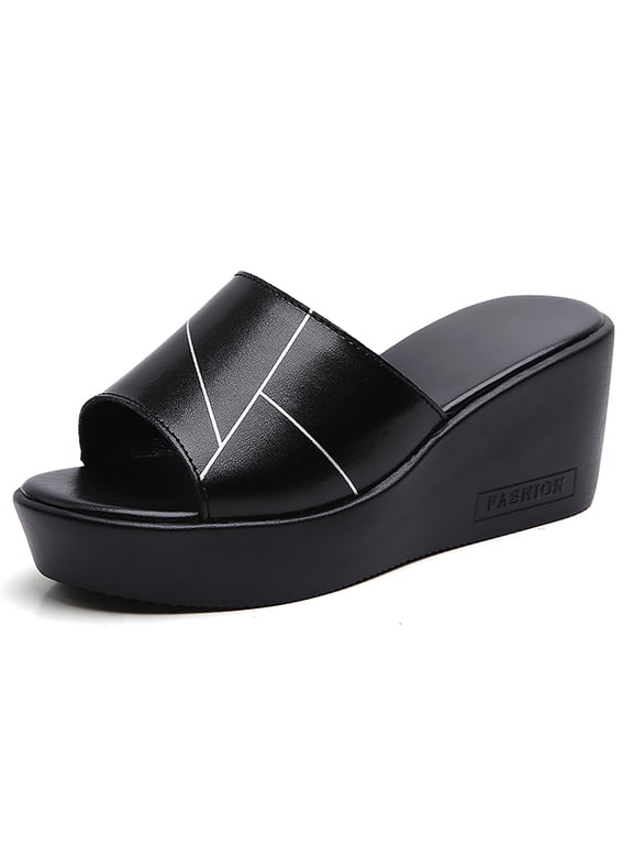 Women's Wedge Platform Slide Sandals Geometric Stitch Leather Slip On Shoes for Daily Outdoor Wear