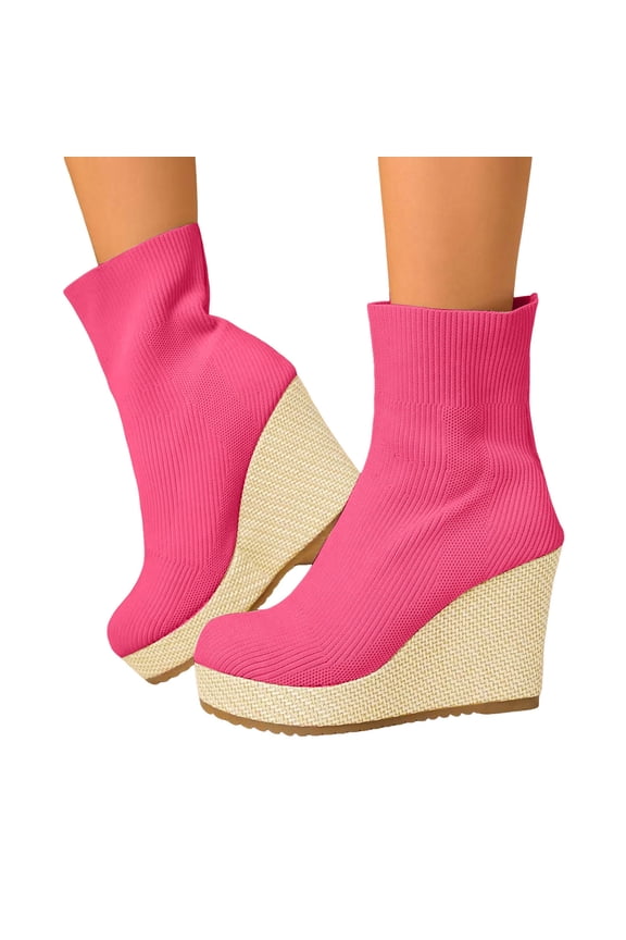 Women's Wedge Platform Slip On Ankle Boots Lightweight Non Slip Stretchy Knit Mid Calf Dress Fall Booties Pink Size 7.5