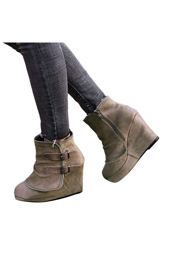 Women's Wedge Platform Suede Ankle Boots Fashion Buckle Wide Calf Dress Short Booties Non Slip Casual Shoes