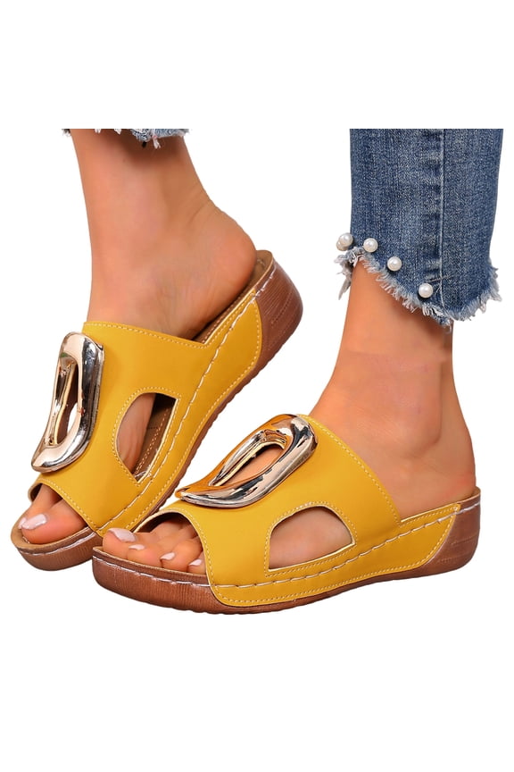 Women's Wedge Sandal Casual Open Toe Backless Platform Sandal Breathable Beach Slippers Casual Slide Walking Shoes Yellow Size 9