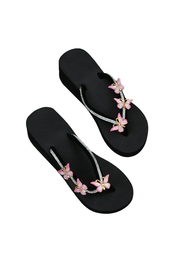 Women's Wedge Sandals Arch Suppor Platform Flip Flops Summer Casual Rhinestone Butterfly Sandals Beach Thong Sandals