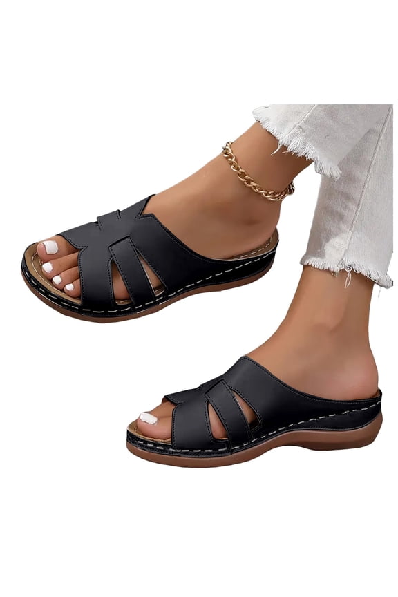 Women's Wedge Sandals with Arch Support Lightweight Summer Beach Shoes Platform Comfy Slip on Slides Casual Travel Daily Walking Slides Black-2 Size 7.5