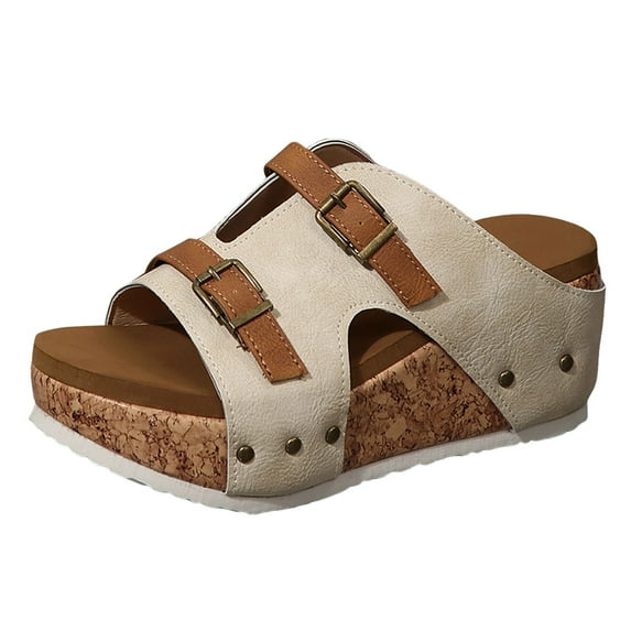 Women's Wedge Sandals Cork Slip On Slides Platform Sandal Buckle Strap Comfortable Open Toe Casual Dressy Shoes White Size 6.5