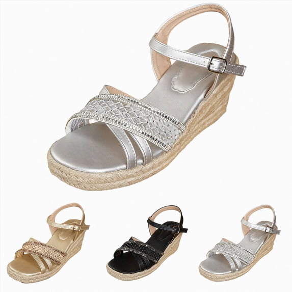 Women's Wedge Sandals Dressy Summer Low Wedge Slip on Comfortable Strappy Rhinestone Vacation Beach Casual Heeled Shoes Silver Size 7