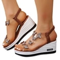 thumbnail image 1 of Women's Wedge Sandals Elastic Ankle Strap Platform Heels Open Toe Rhinestone Butterfly Clear Band Summer Dressy Shoes Brown Size 6.5, 1 of 7