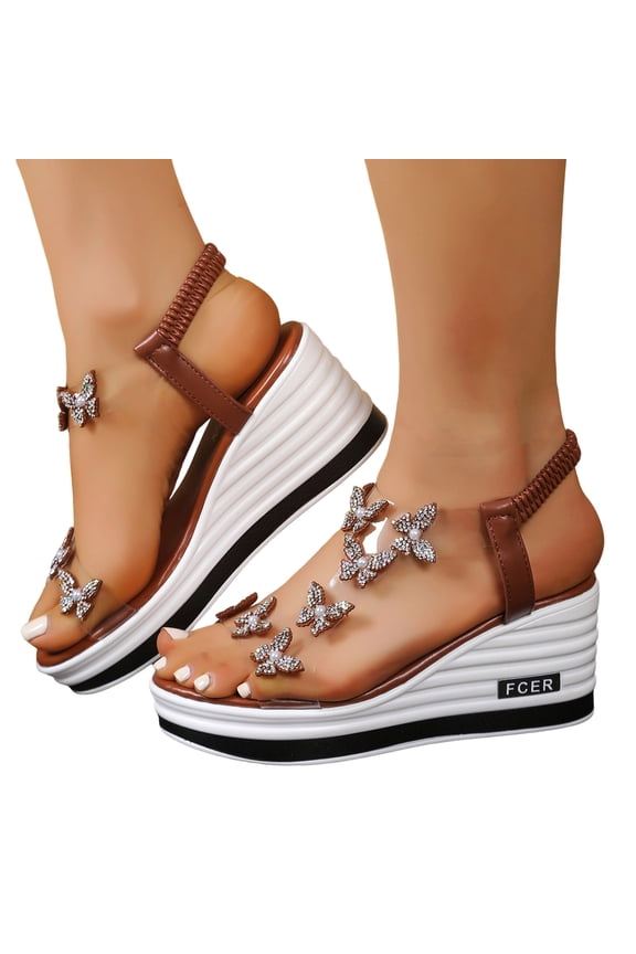 Women's Wedge Sandals Elastic Ankle Strap Platform Heels Open Toe Rhinestone Butterfly Clear Band Summer Dressy Shoes Brown Size 8