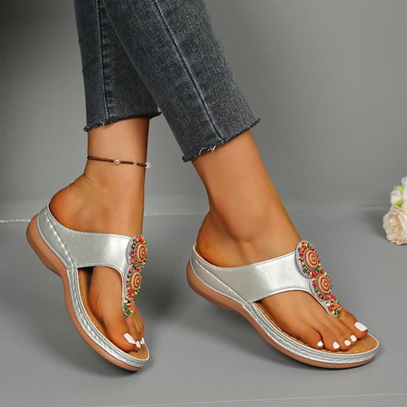 Women's Wedge Sandals Ethnic Style Flip-Flops Fashion Bohemian Floral Beaded Sandals Comfortable Flat Heel Slippers for Summer Beach Gear