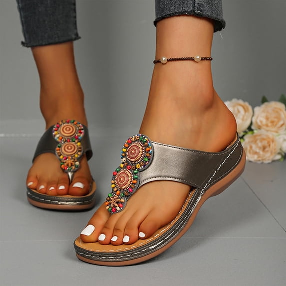 Women's Wedge Sandals Ethnic Style Flip-Flops Fashion Bohemian Floral Beaded Sandals Comfortable Flat Heel Slippers for Summer Beach Gear
