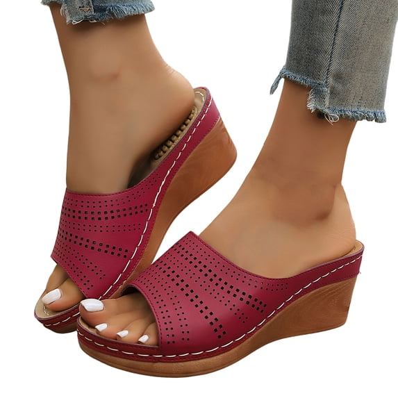 Women's Wedge Sandals Hollow out Leather Open Toe Orthopedic Slippers Casual Platform Slip on Slides Red Size 7.5