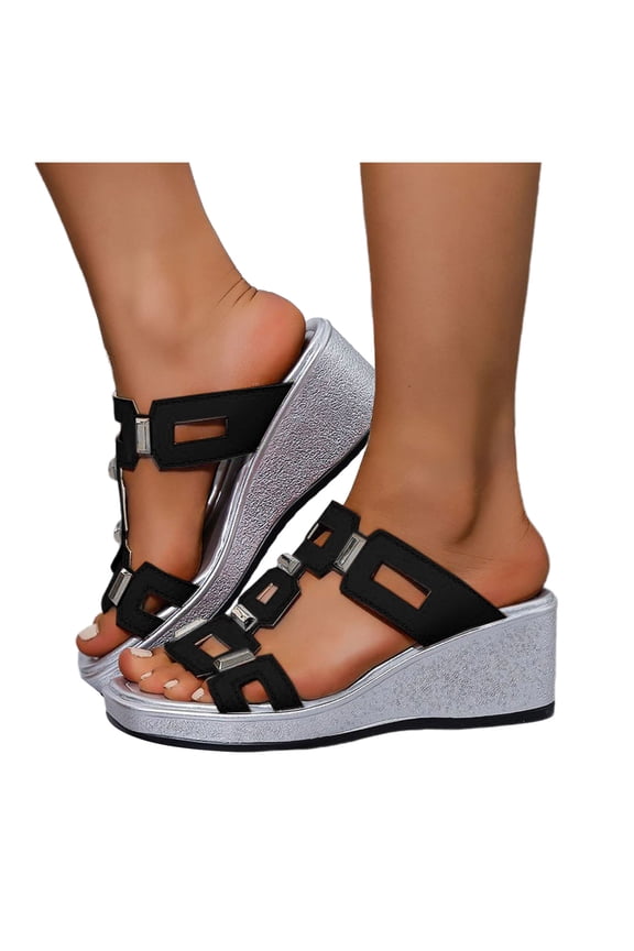Women's Wedge Sandals Lightweight Slip On Summer Slippers Metal Accents Comfortable Platform Dressy Shoes Black Size 7.5