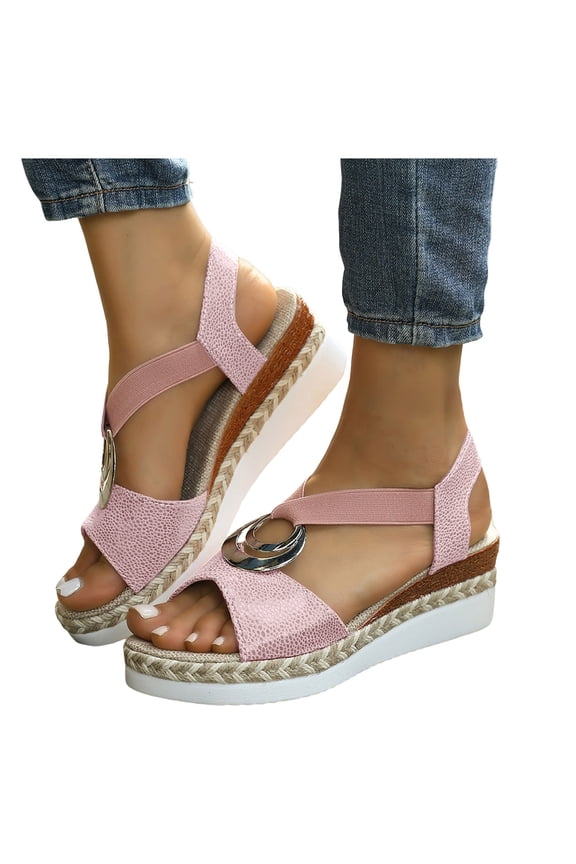 Women's Wedge Sandals Rope Woven Sole Non Slip Elastic Band Heels Comfortable Open Toe Platform Casual Travel Dress Shoes Light Pink Size 7.5