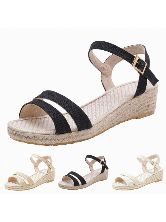 Women's Wedge Sandals Rope Wrapped Midsole Heels Adjustable Strap Buckle Platform Summer Open Toe Slip on Dressy Shoes Yellow Size 7