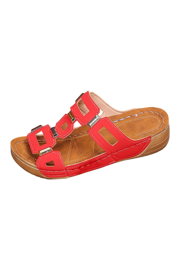 Women's Wedge Sandals Slip On Open Toe Sandal Metal Accents Comfortable Dressy Platform Casual Walking Slide Shoes Red Size 9