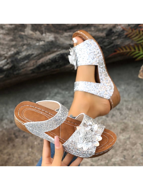 Women's Wedge Sandals for Women Trendy Open Toe Glitter Floral Applique Espadrille Wedge Sandals Comfortable Slip On Thick Sole Beach Shoes Summer Fashion Plus Size Wide Width Silver Shoes for Women