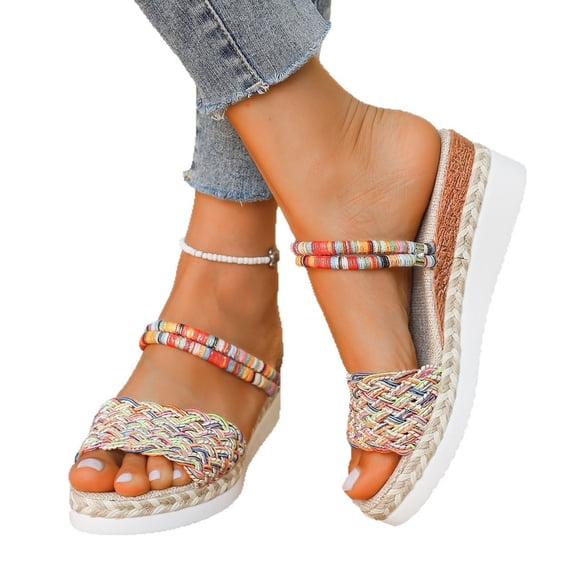Women's Wedge Sandals Women's Fashion Casual Spring Summer Comfortable Open Toe Colorful Woven Thick Bottom Wedge Sandals