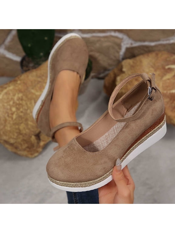 Women's Wedge Shoes Baeitkot Women's Fashion Casual Summer Style Solid Color Thick Bottom Wedge Shoes Khaki 41