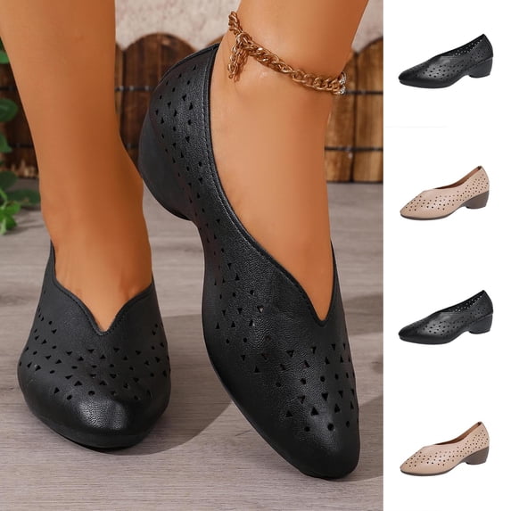 Women's Wedge Shoes for Women Trendy Round Toe Cutout Breathable Leather Wedge Pumps Comfortable Casual Dress Shoes Spring Summer Fashion Plus Size Black Shoes for Women