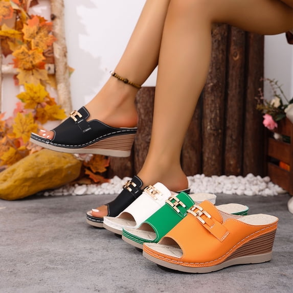 Women's Wedge Slide Sandals Casual Spring Summer Beach Mules with Metal Buckle Accent Solid Color Faux Leather Thick Sole Platform Sandals with Wide Width Options for Daily Walking Outdoor Use